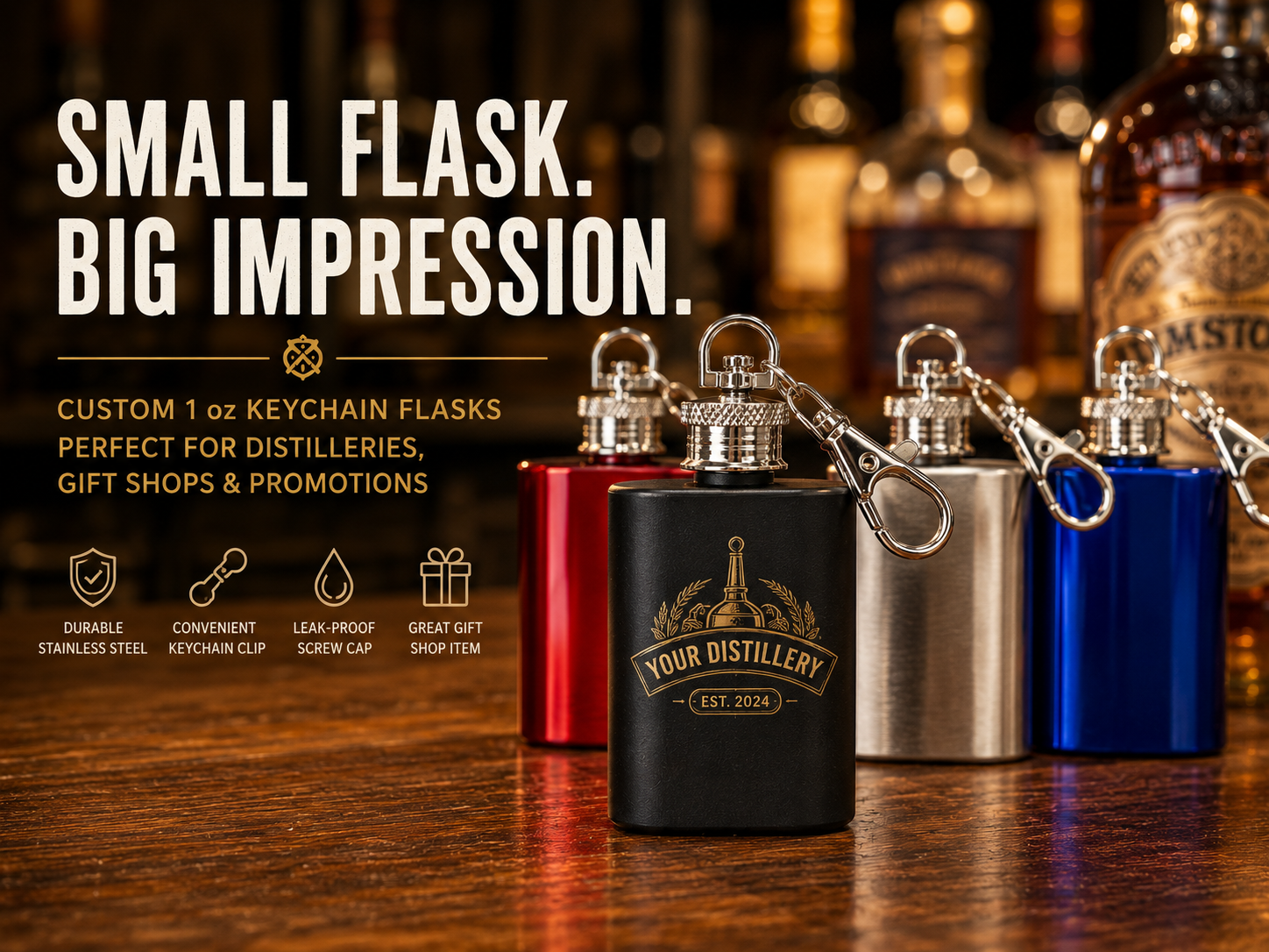 Custom 1 oz keychain flasks for distillery gift shops and promotional products, displayed on a whiskey bar with multiple color options including matte black, matte pink, stainless steel, gloss blue, and gloss red.