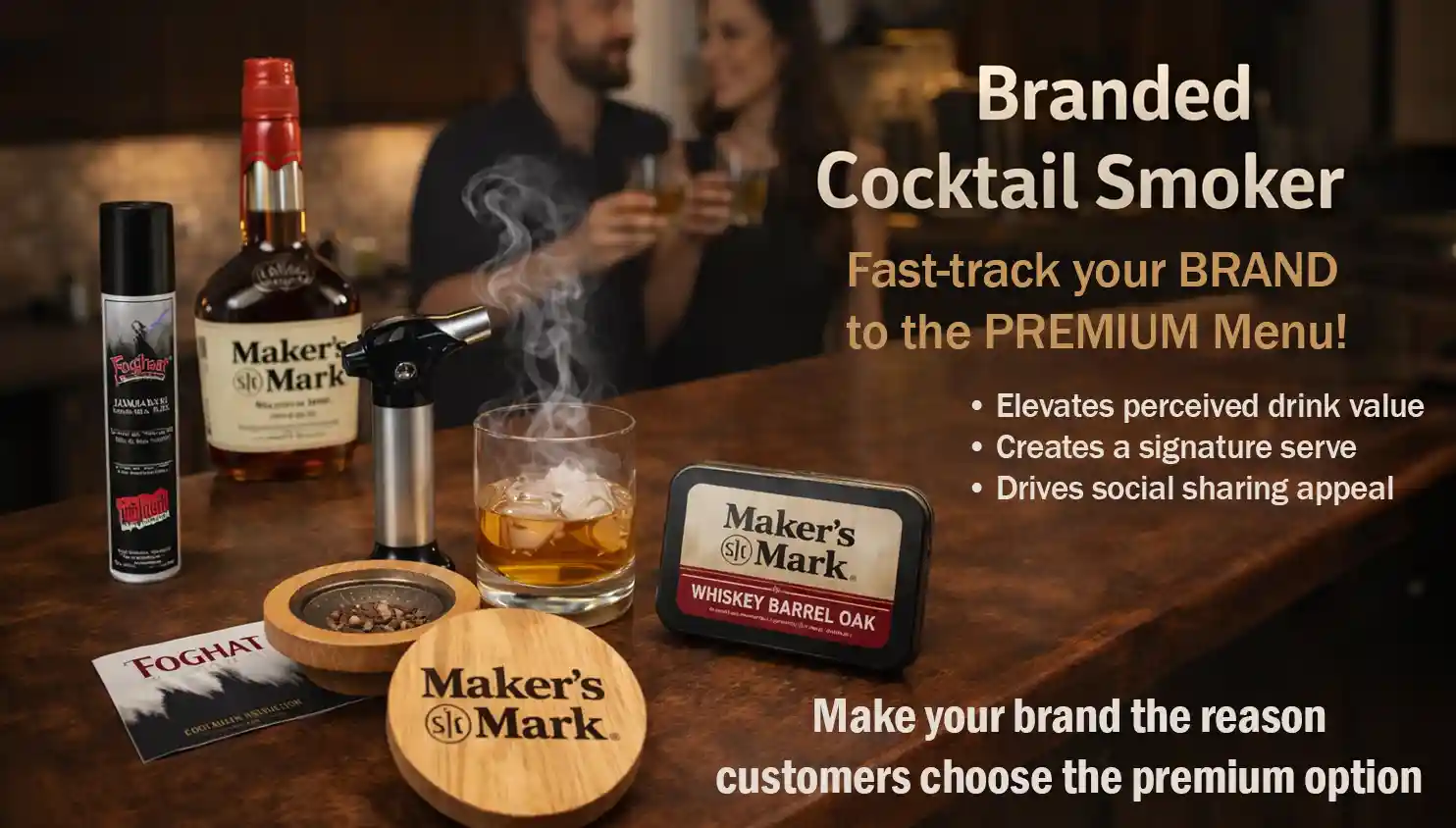 Branded cocktail smoker kit with whiskey glass and Maker’s Mark bottle on a bar, showcasing how cocktail smokers elevate drinks and help distilleries reach premium menu positioning.