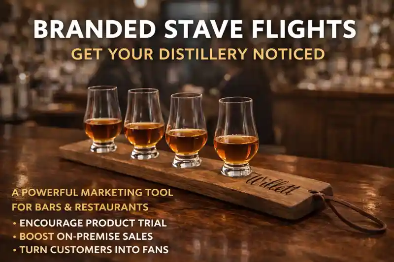 Branded whiskey flight board with Glencairn glasses in a bar setting promoting bourbon tasting flights as a marketing tool for distilleries and restaurants