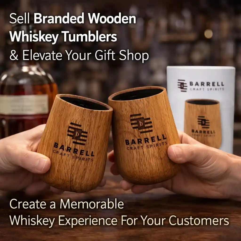 Custom branded charred wooden whiskey tumblers being used in a social setting, premium promotional product for distilleries and whiskey brands