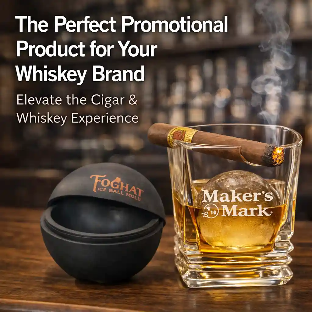 Custom Maker’s Mark branded cigar holder whiskey glass with ice ball mold and lit cigar on bar countertop promotional image