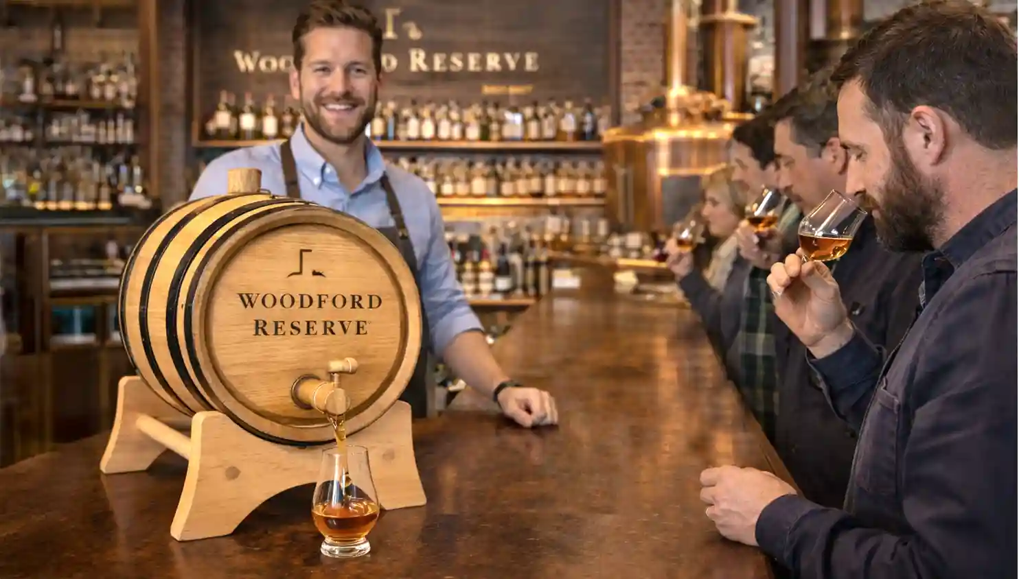 Custom engraved small oak barrel with logo displayed on a bar as a bartender serves whiskey to a smiling couple, illustrating a premium barrel program for distillery marketing and on-premise placement.