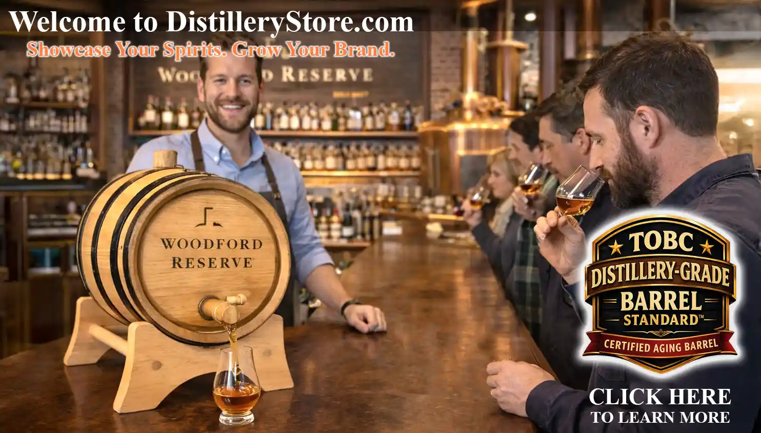 Custom engraved small oak barrel with logo displayed on a bar as a bartender serves whiskey to a smiling couple, illustrating a premium barrel program for distillery marketing and on-premise placement.