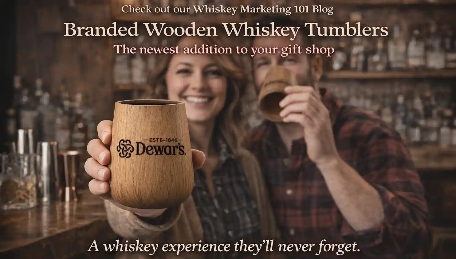 Branded wooden whiskey tumblers with engraved logo showcased in a rustic home bar, promoting distillery gift shop merchandise and whiskey marketing ideas.