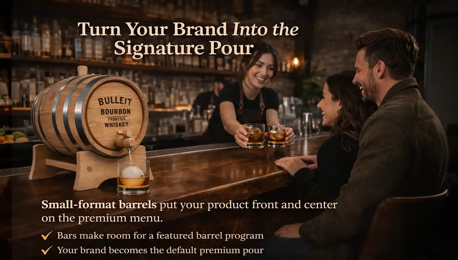 Custom engraved whiskey barrel promotional product displayed at a bar, showing how small-format aging barrels help distilleries secure premium menu placement and increase brand visibility.