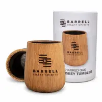 Custom engraved charred oak whiskey tumbler promotional product with logo branding for corporate gifts and distilleries