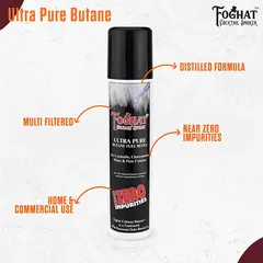 Foghat Culinary Butane highlighting distilled formula, multi-filtered process, near zero impurities, and home & commercial use