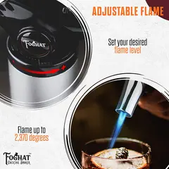 Close-up of Foghat Culinary Torch adjustable flame control dial with blue jet flame reaching up to 2500 degrees Fahrenheit