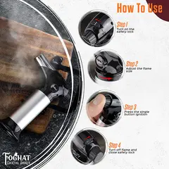 Foghat Culinary Torch step-by-step instructions showing safety lock, flame adjustment, ignition button, and shutdown process