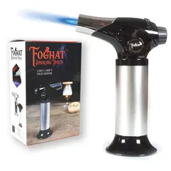 Foghat Culinary Torch with retail box packaging, adjustable 2500°F blue flame butane kitchen torch with piezo ignition and safety lock
