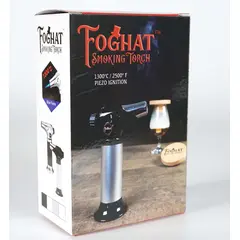 Foghat Smoking Torch retail packaging box showing 1300°C / 2500°F piezo ignition culinary torch branding