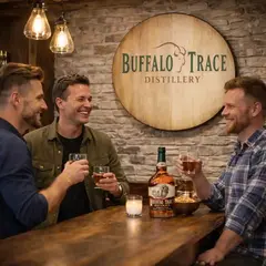 Custom Buffalo Trace style barrel head sign mounted in a rustic home bar with men enjoying whiskey and branded bottle on bar