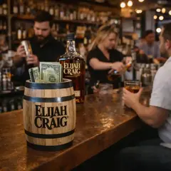 Custom engraved oak barrel tip jar on a bar as a customer adds cash while a bartender gives a thumbs up, showcasing bar promotion and branding