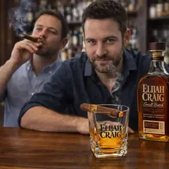 Two men enjoying cigars and whiskey using custom branded cigar holder glasses in social setting