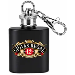 Custom 1 oz matte black stainless steel keychain flask featuring a full-color Chivas Regal logo imprint, ideal for distillery gift shops, whiskey promotions, and branded merchandise.