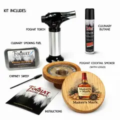 Complete custom branded cocktail smoker kit including torch, fuel, cleaner, and smoker components for promotional gifting programs.