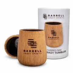 Custom engraved charred oak whiskey tumbler promotional product with logo branding for corporate gifts and distilleries