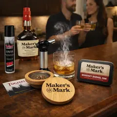 Custom logo cocktail smoker used at a home bar with smoked drinks, highlighting a unique promotional gift for entertaining.