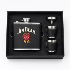 Custom logo black leather flask gift set with shot glasses and funnel in premium presentation box for distillery merchandise