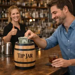 Custom logo oak barrel tip jar on a busy bar with bartenders making drinks and whiskey bottles in the background, designed for bar branding and promotions