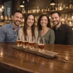 Custom engraved whiskey flight board with leather hanger and Glencairn glasses displayed on a bar with friends in background