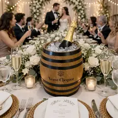 Custom engraved wooden barrel wine ice bucket used as wedding table centerpiece with champagne and floral decor