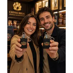 Smiling customers holding custom branded 1 oz keychain flasks inside a whiskey distillery gift shop, showcasing promotional merchandise and souvenir products.