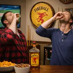 Fireball whiskey barrel head sign in home bar game room with two men taking shots and snacks on bar