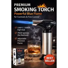 Foghat Premium Smoking Torch with powerful 1300°C / 2500°F adjustable blue flame, piezo ignition, and precision control, shown lighting a smoked whiskey cocktail with retail packaging and best seller badge displayed.