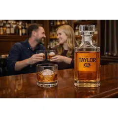 Crystal whiskey decanter and single rocks glass on a home bar with a couple enjoying drinks in the background