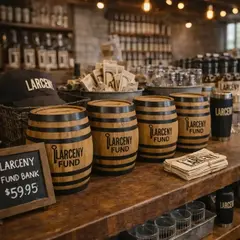 Multiple Larceny Fund oak barrel piggy banks displayed in a distillery gift shop with branded merchandise and pricing sign, ideal for retail and promotional products