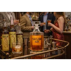 Crystal decanter on a luxury bar cart with cocktail tools and guests enjoying drinks at a party