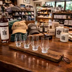Custom engraved whiskey flight board with Glencairn glasses displayed in a distillery gift shop alongside Willett branded merchandise