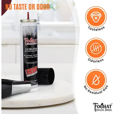 Foghat Culinary Butane showing tasteless, odorless, and no residual gas benefits for culinary applications