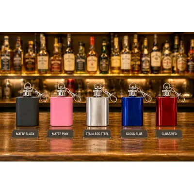 Available color options for custom 1 oz stainless steel keychain flasks including matte black, matte pink, stainless steel, gloss blue, and gloss red finishes.