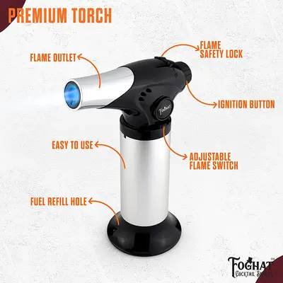 Foghat Culinary Torch labeled diagram showing flame outlet, ignition button, adjustable flame control, safety lock, and refill port