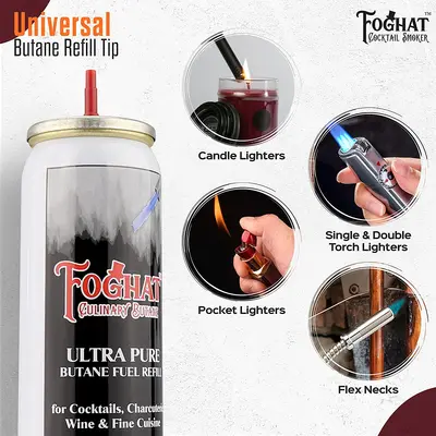 Foghat Culinary Butane universal refill tip compatible with candle lighters, pocket lighters, single and double torch lighters, and flex neck torches