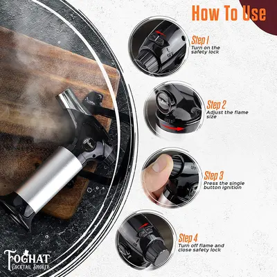 Foghat Culinary Torch step-by-step instructions showing safety lock, flame adjustment, ignition button, and shutdown process