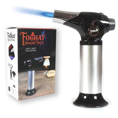 Foghat Culinary Torch with retail box packaging, adjustable 2500°F blue flame butane kitchen torch with piezo ignition and safety lock