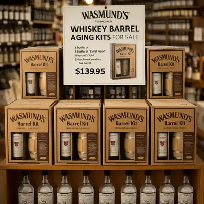 Wasmund’s whiskey barrel aging kits retail display with single malt spirit bottles on shelf