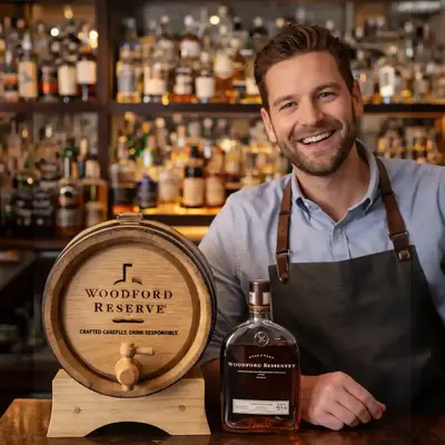 Bartender smiling behind bar with Woodford Reserve bottle and custom oak whiskey aging barrel with wooden spigot on display