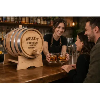 Branded whiskey barrel promotional product displayed behind a bar as bartender serves drinks to customers, enhancing brand engagement and experience.