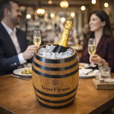 Custom logo wooden barrel wine ice bucket used on restaurant table for premium wine service and brand promotion