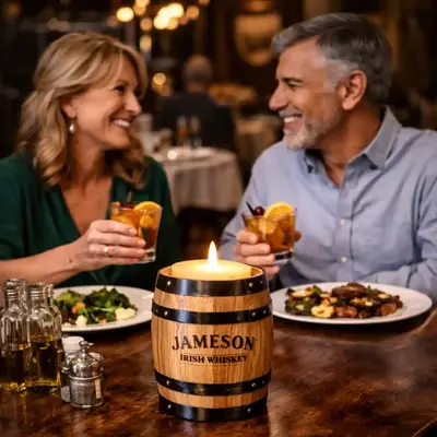 Custom logo oak barrel candle holder on restaurant table with couple enjoying cocktails, distillery promotional product enhancing brand experience
