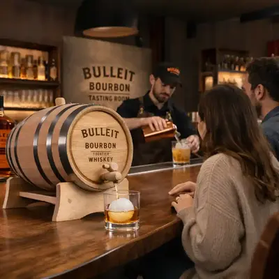 Branded whiskey barrel promotional product in a bar setting pouring bourbon into a glass, with bartender and guests creating a premium brand experience.