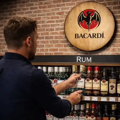 Custom printed barrel head sign displayed in liquor store rum section with customer selecting a bottle from shelf