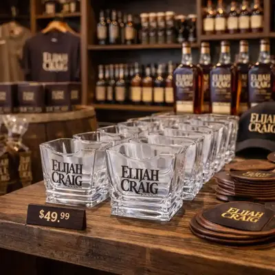 Row of customizable whiskey cigar holder glasses displayed in retail gift shop environment