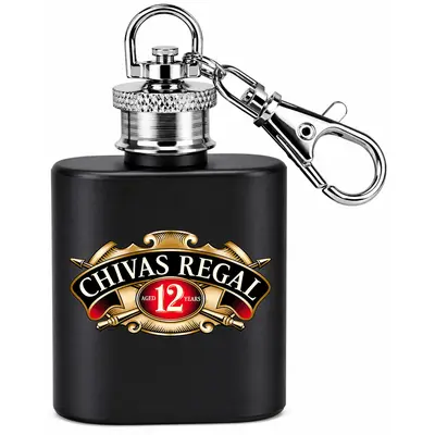 Custom 1 oz matte black stainless steel keychain flask featuring a full-color Chivas Regal logo imprint, ideal for distillery gift shops, whiskey promotions, and branded merchandise.