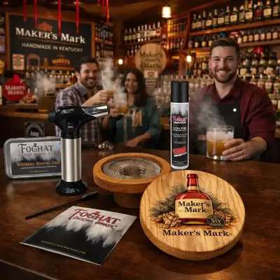 Custom cocktail smoker kit displayed on a bar with bartender and guests enjoying smoked cocktails, ideal for branded hospitality promotions.