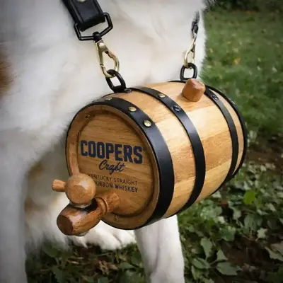 Custom engraved mini oak barrel dog collar with whiskey brand logo, personalized promotional product for distilleries and gift shops